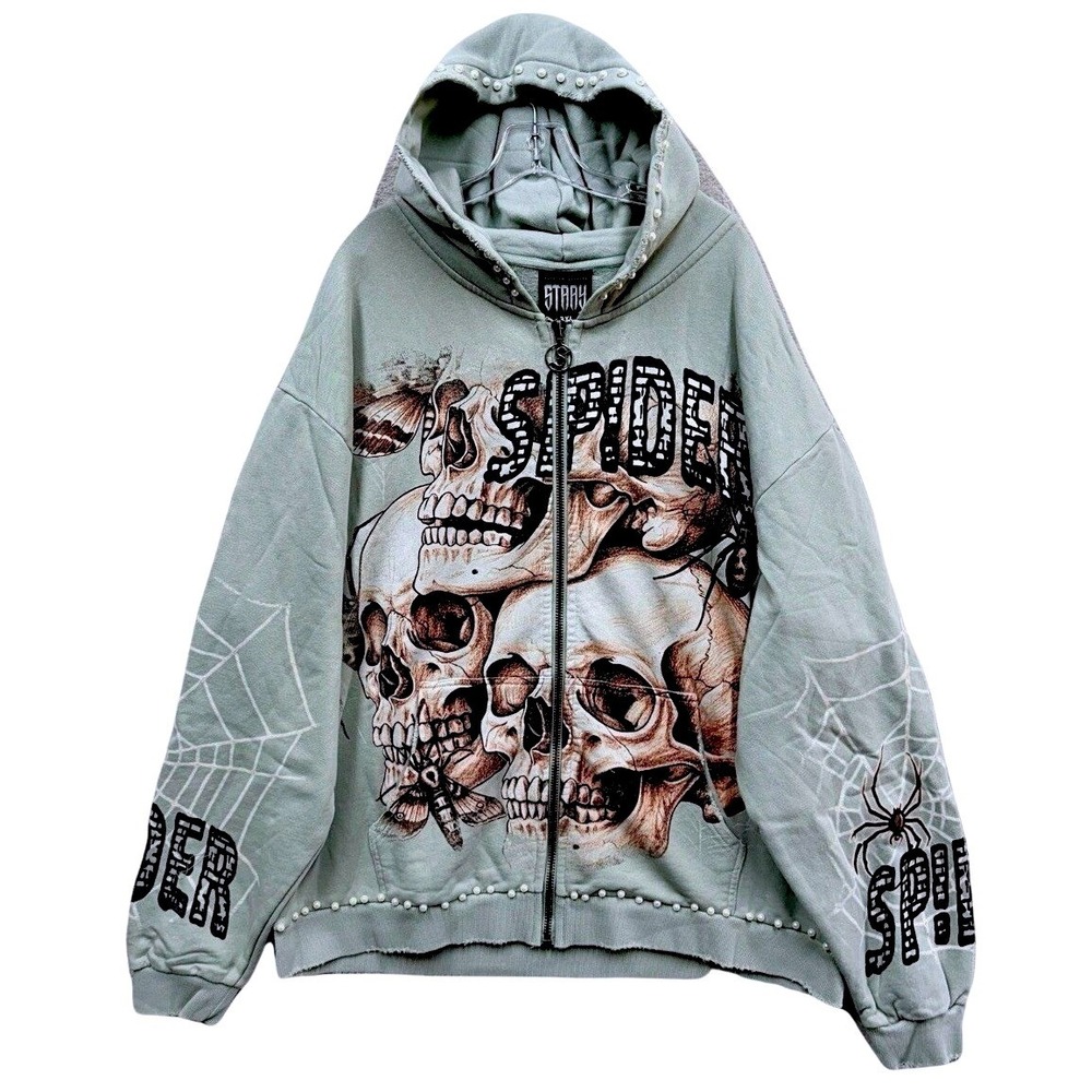 Stray Sage Green Skull Spider Pearl Embellished Zip Up Hoodie ST1608 Mens 2XL